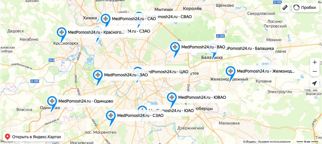 Карта бригад MedPomosh24.ru в Москве и области